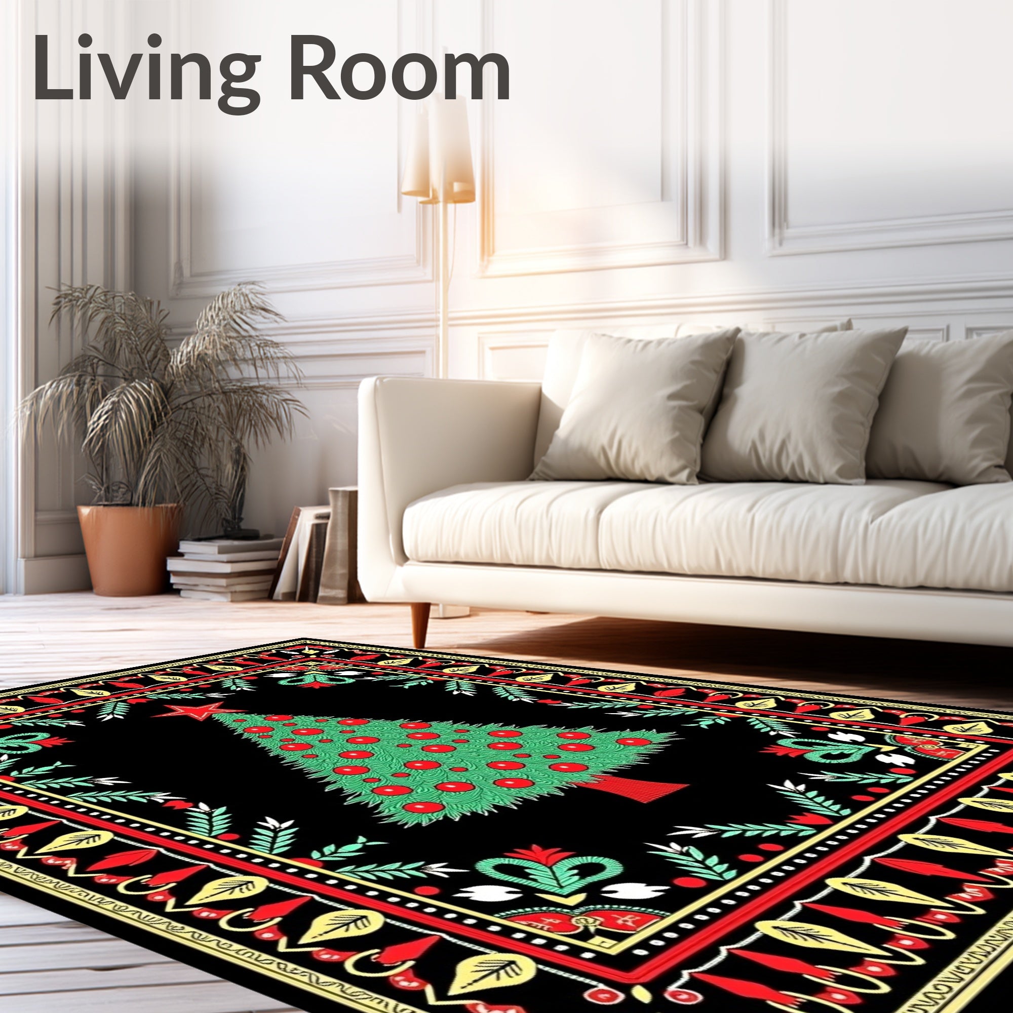 Festive Red Green Christmas Tree Border Rug