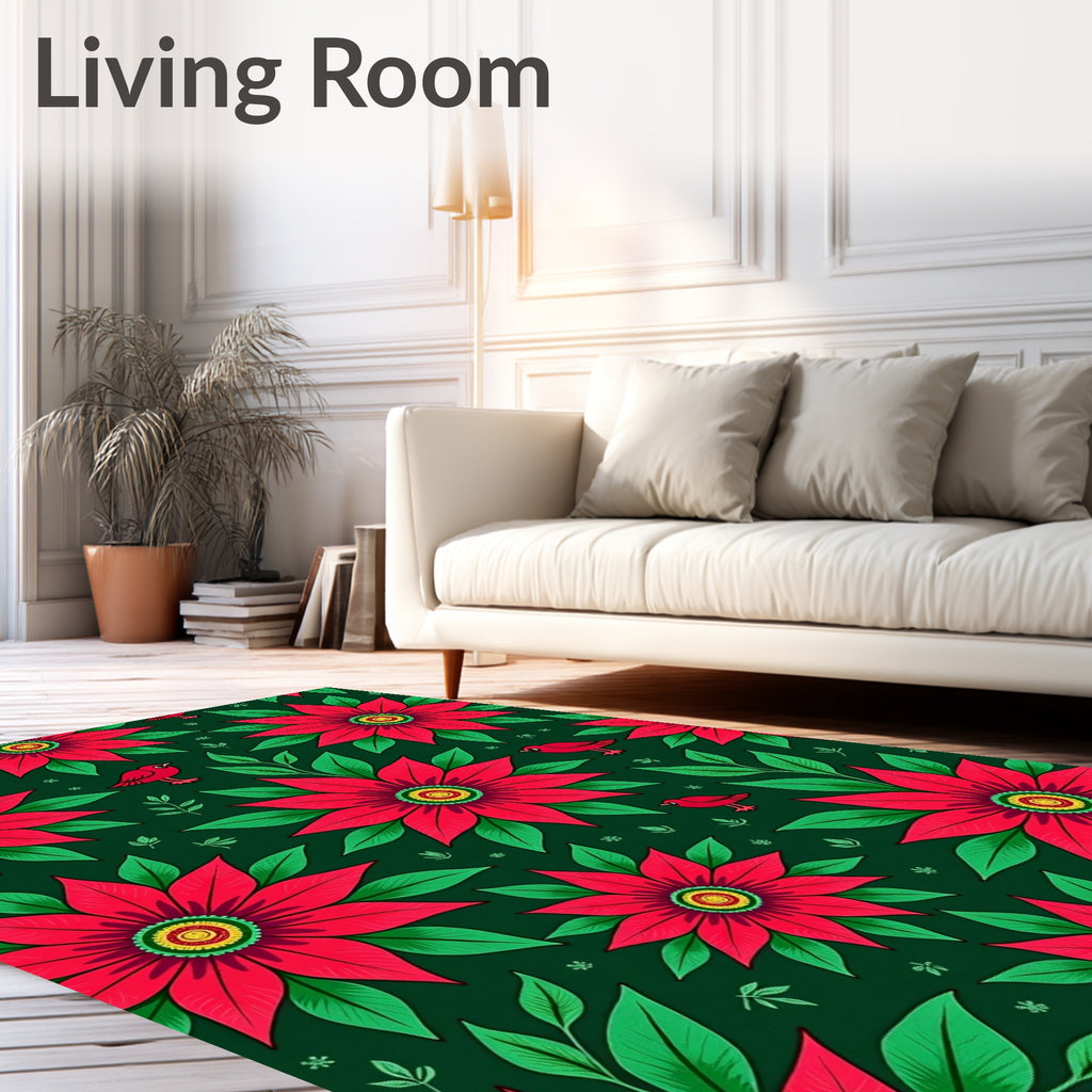 Crimson Poinsettia And Bird Medallion Rug