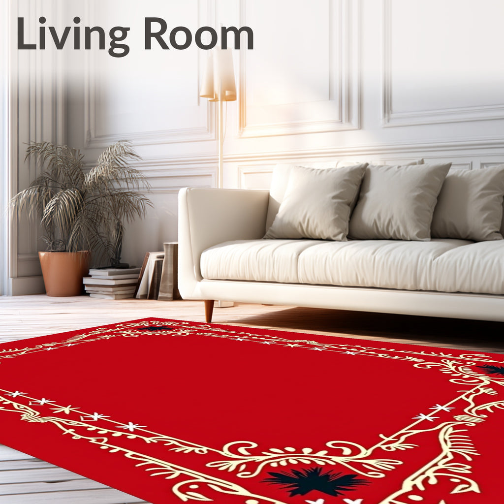 Crimson Floral Wreath Border Rug