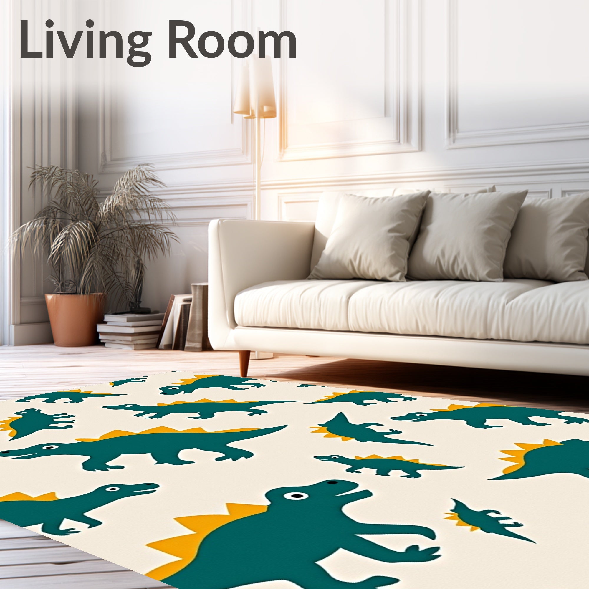 Teal Dinosaur Spiked Cream Background Rug