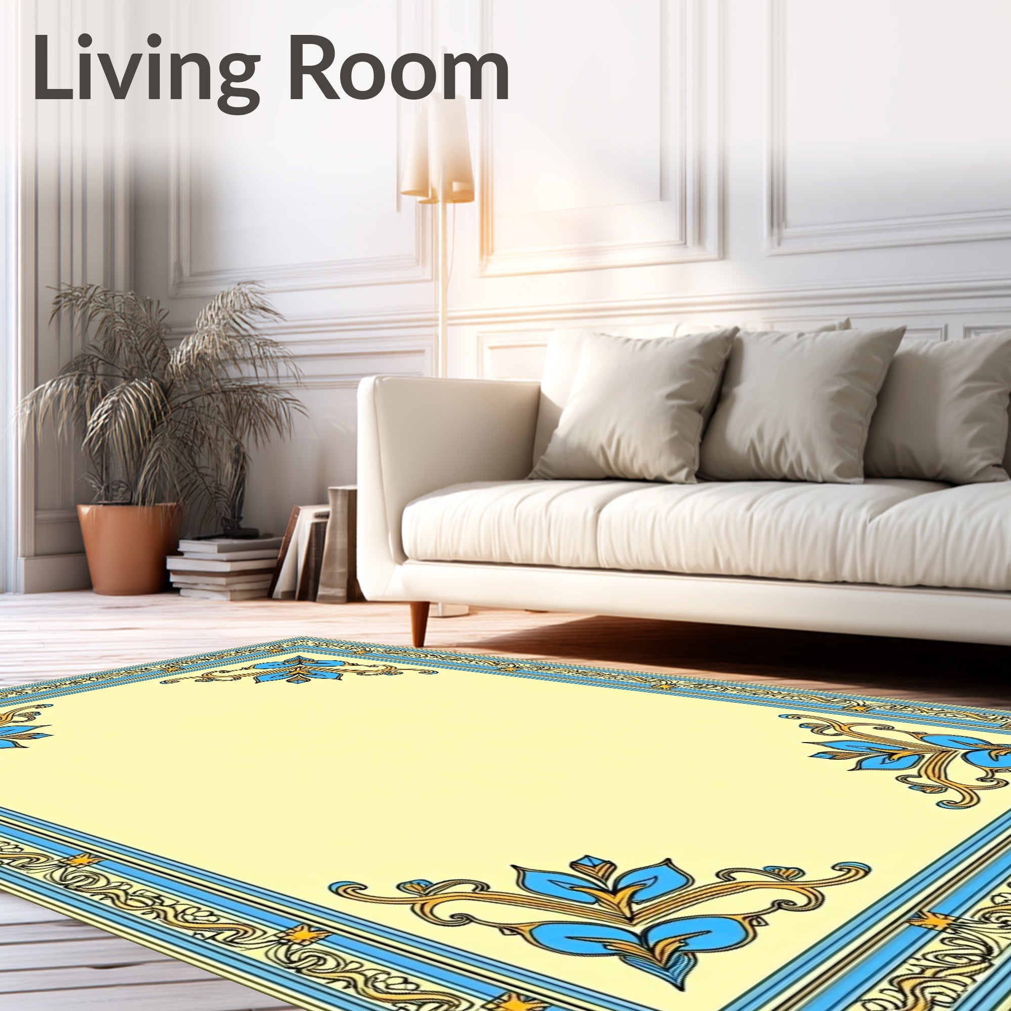 Classic Blue Golden Floral Border Rug