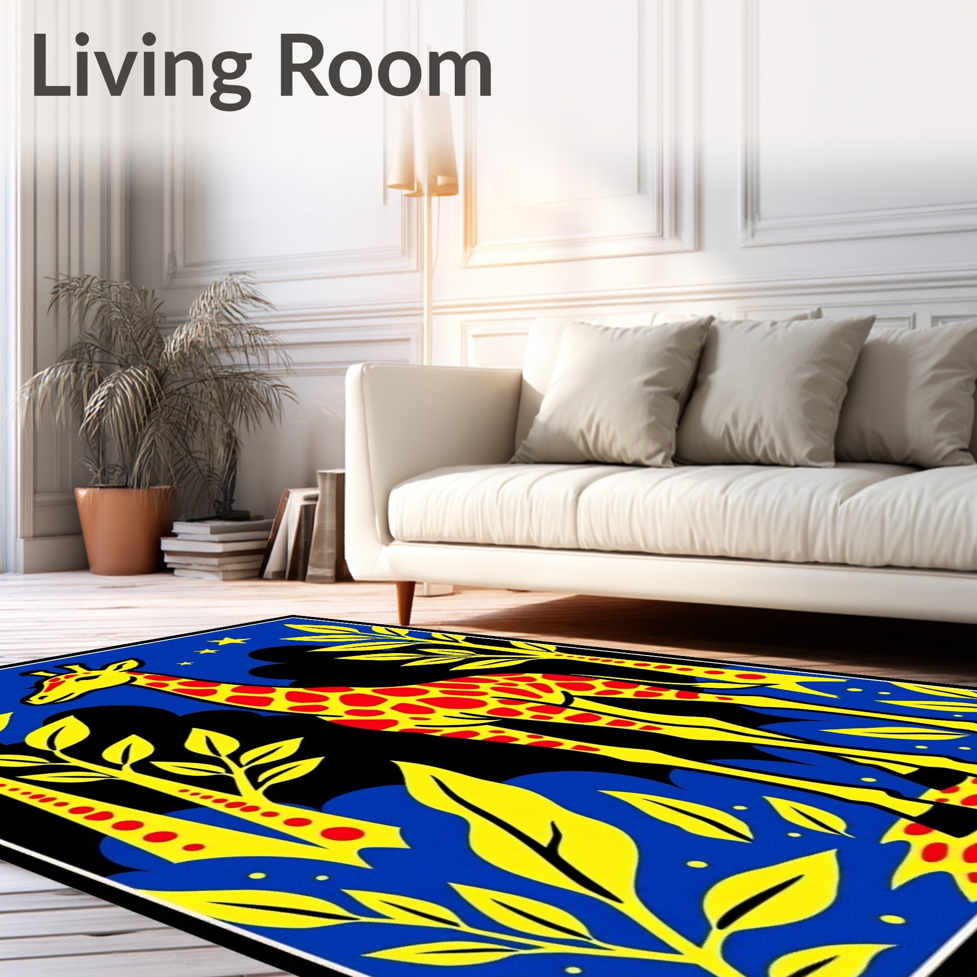 Vibrant Yellow Giraffe Starry Night Landscape Rug