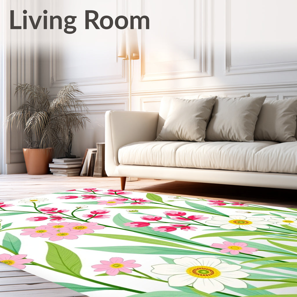 Pink White Floral Garden Meadow Rug