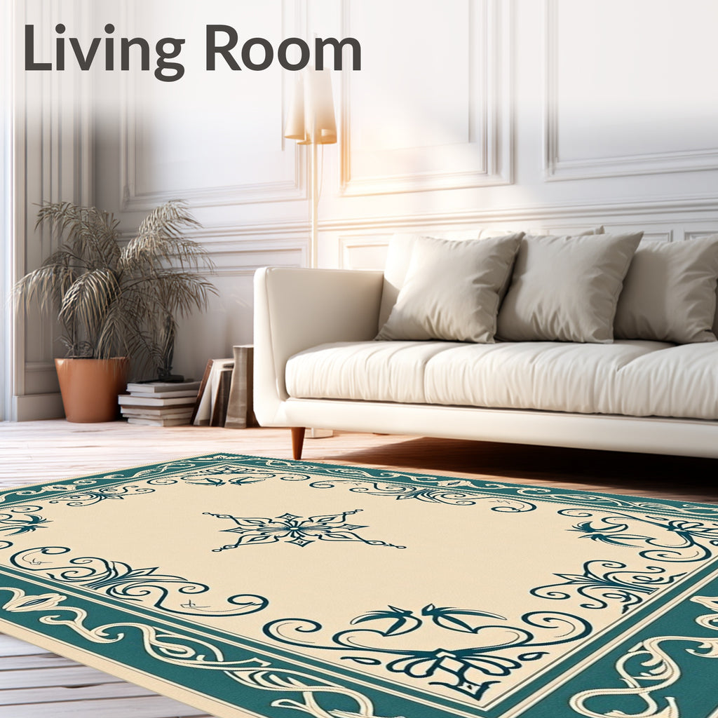 Teal Floral Cream Medallion Border Rug