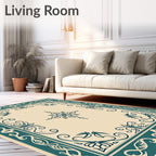 Teal Floral Cream Medallion Border Rug