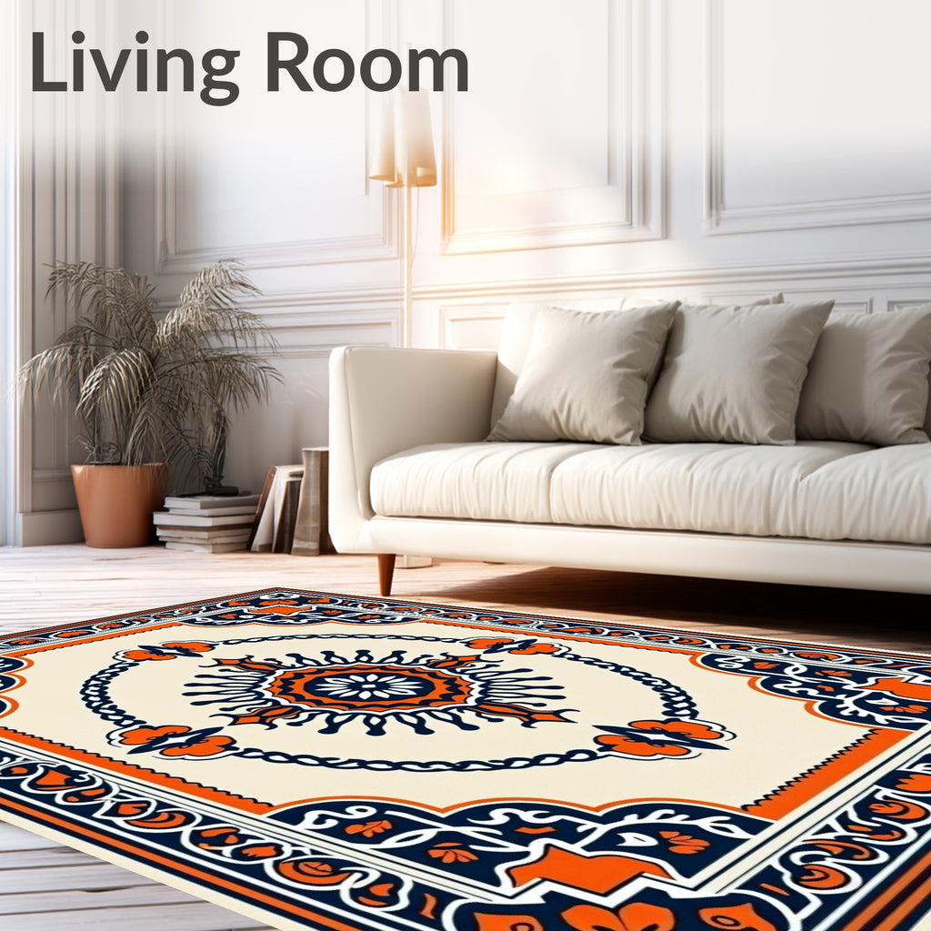 Orange Navy Floral Medallion Border Rug