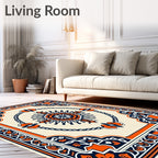 Orange Navy Floral Medallion Border Rug