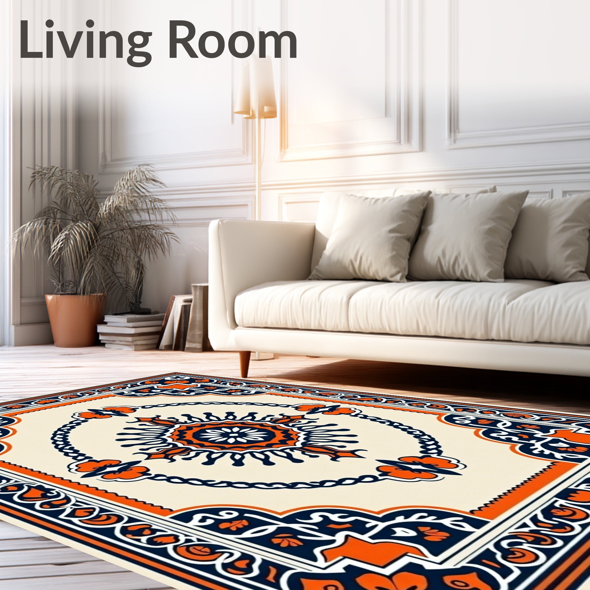 Orange Navy Floral Medallion Border Rug