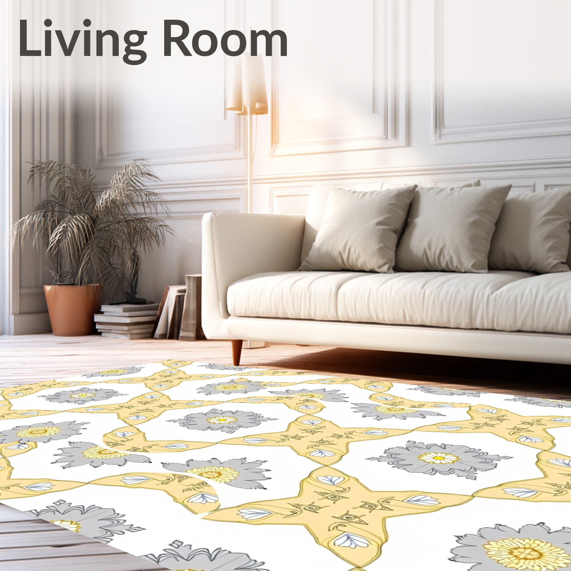 Golden Yellow Gray Floral Medallion Rug