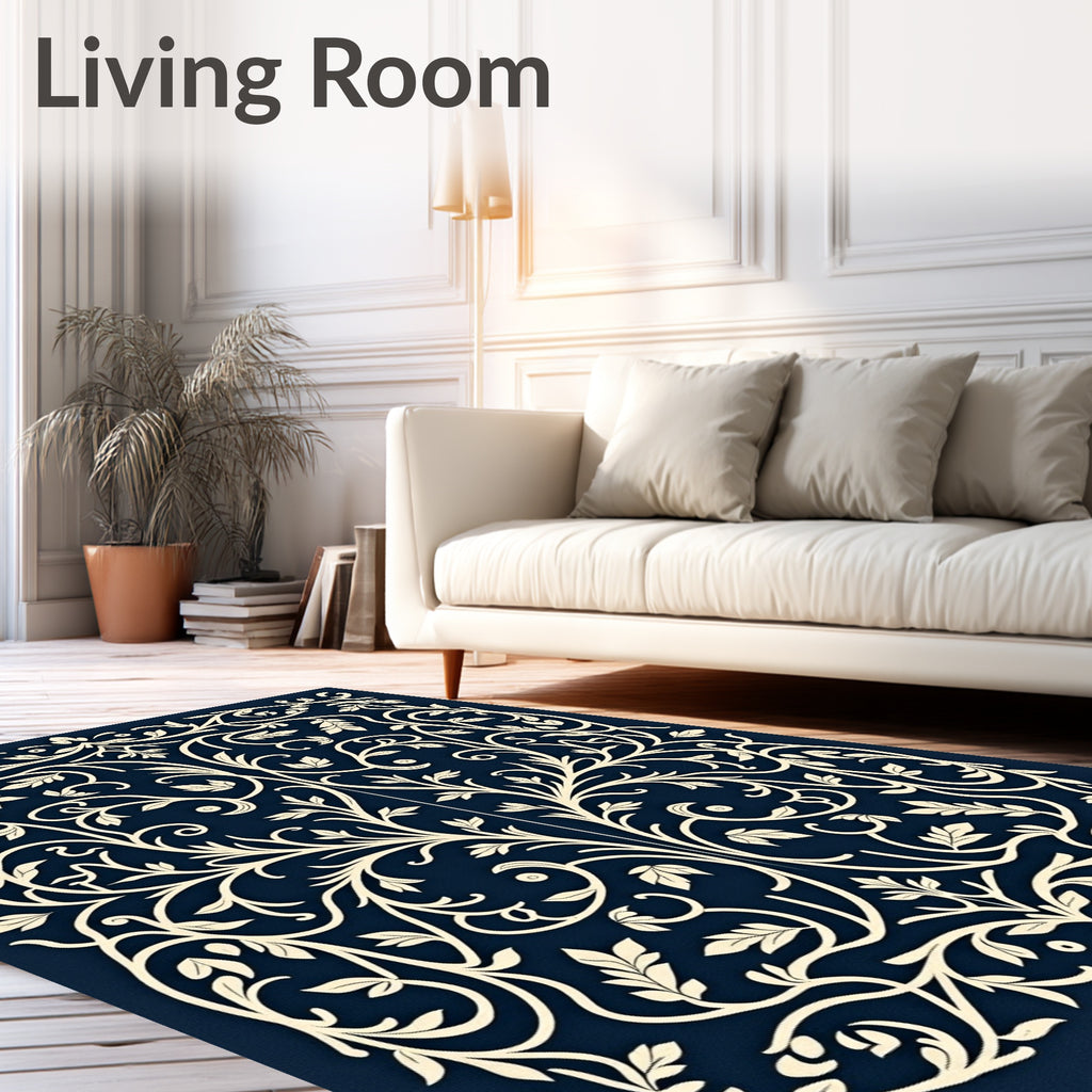 Ivory Vine Symmetry On Navy Canvas Rug