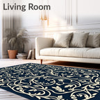 Ivory Vine Symmetry On Navy Canvas Rug