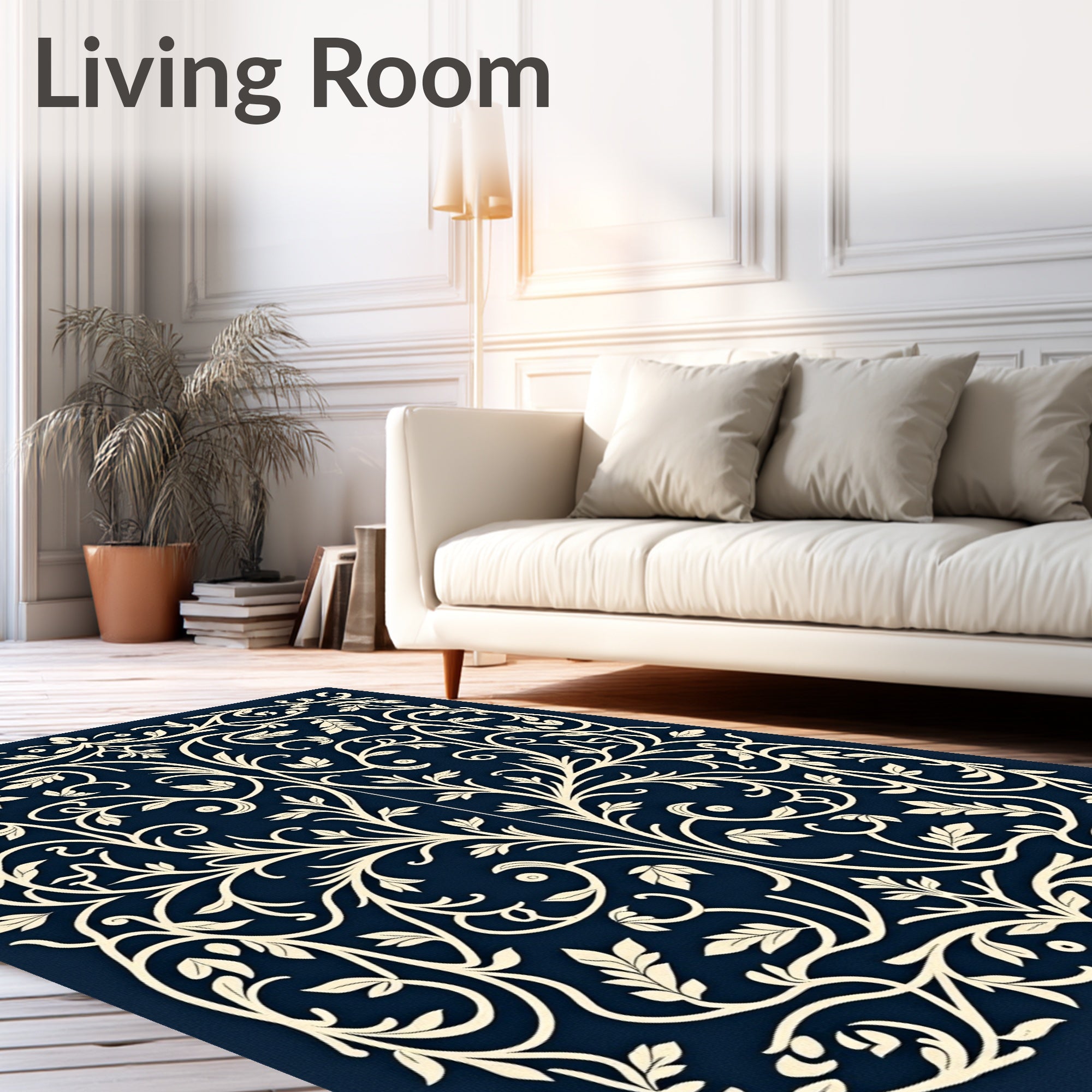Ivory Vine Symmetry On Navy Canvas Rug
