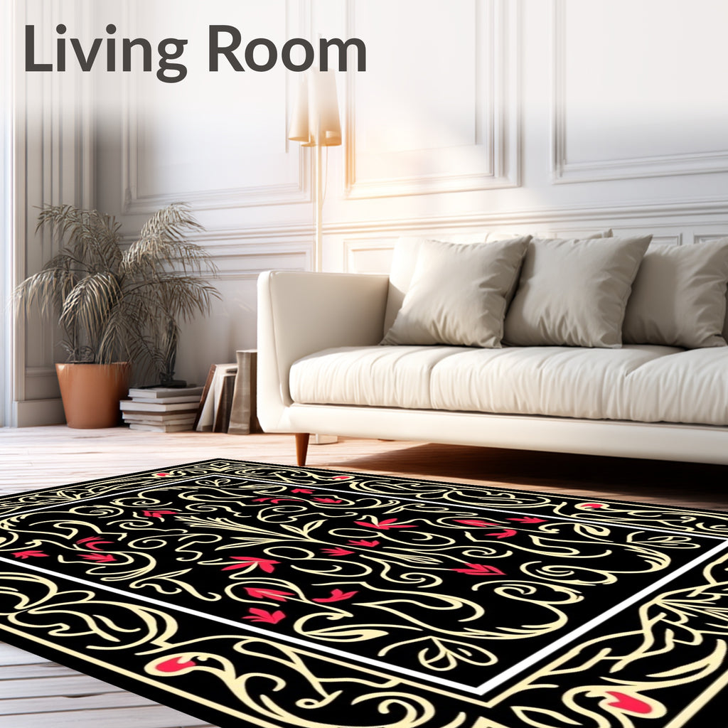 Black Cream Red Floral Scroll Rug