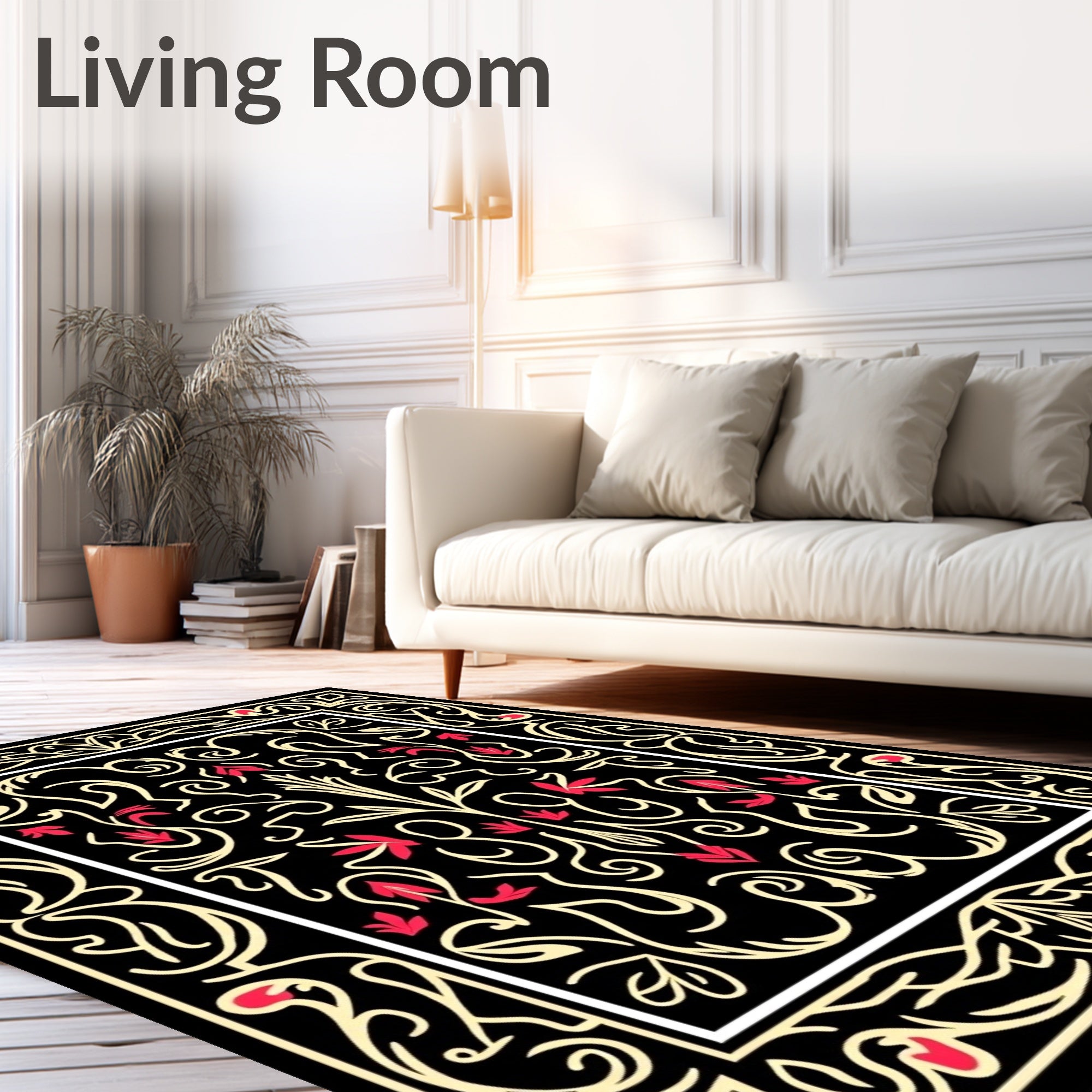 Black Cream Red Floral Scroll Rug
