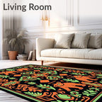 Orange Bears Black Folk Art Rug