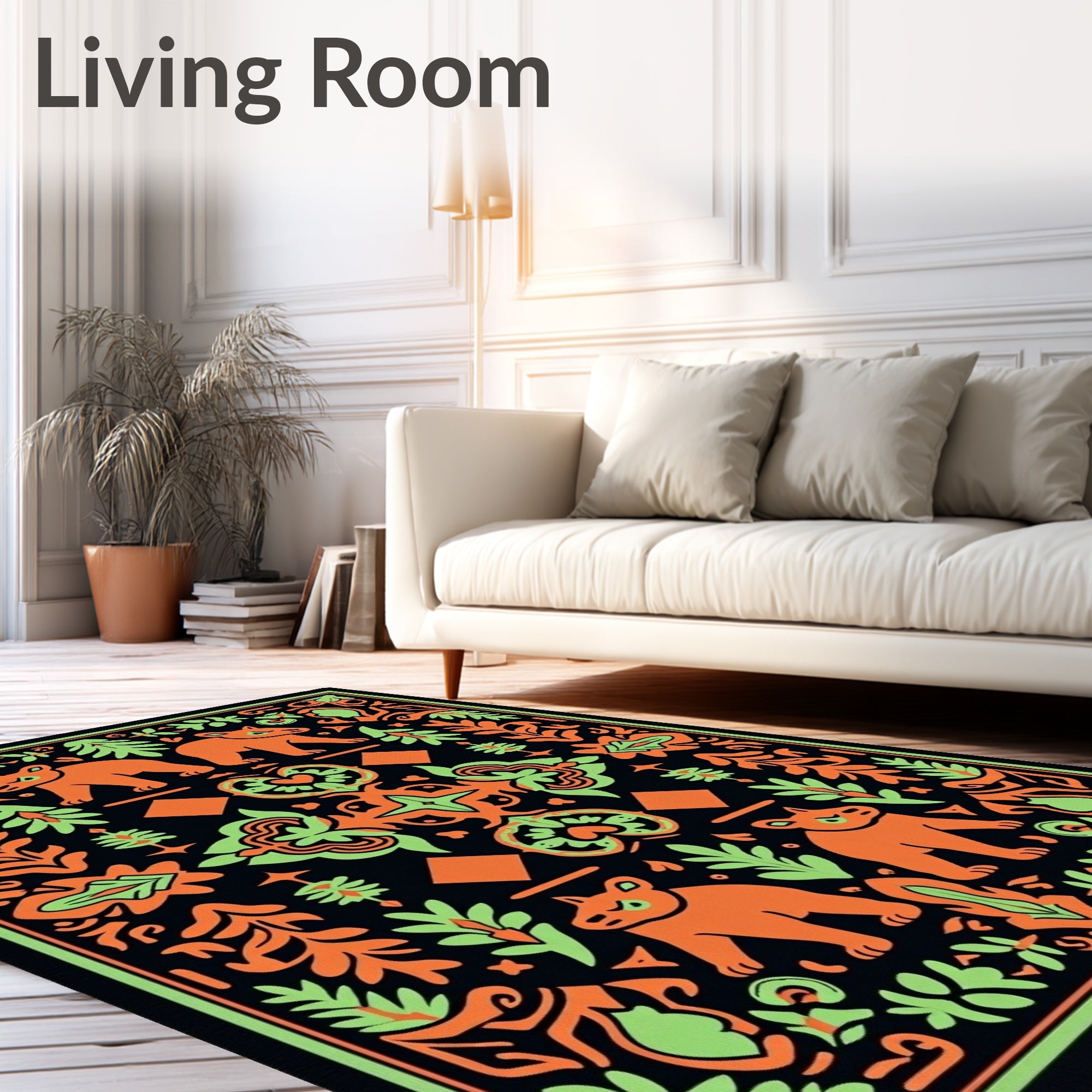 Orange Bears Black Folk Art Rug