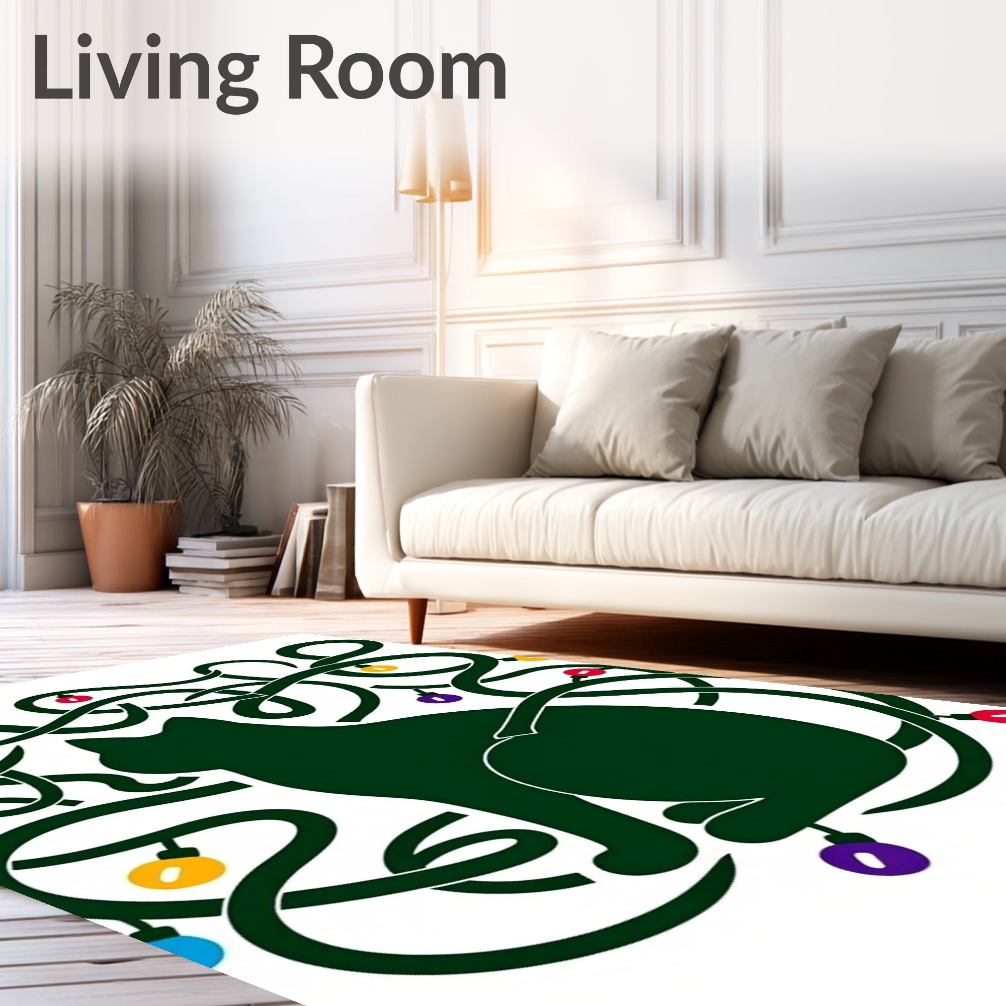 Dark Green Cat Festive String Lights Rug