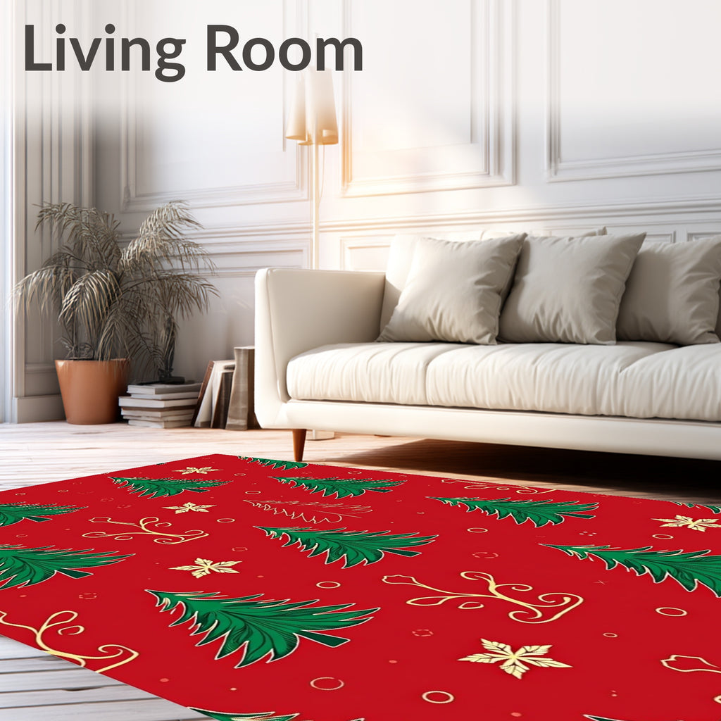 Festive Red Green Trees Gold Sprigs Rug