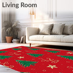 Festive Red Green Trees Gold Sprigs Rug