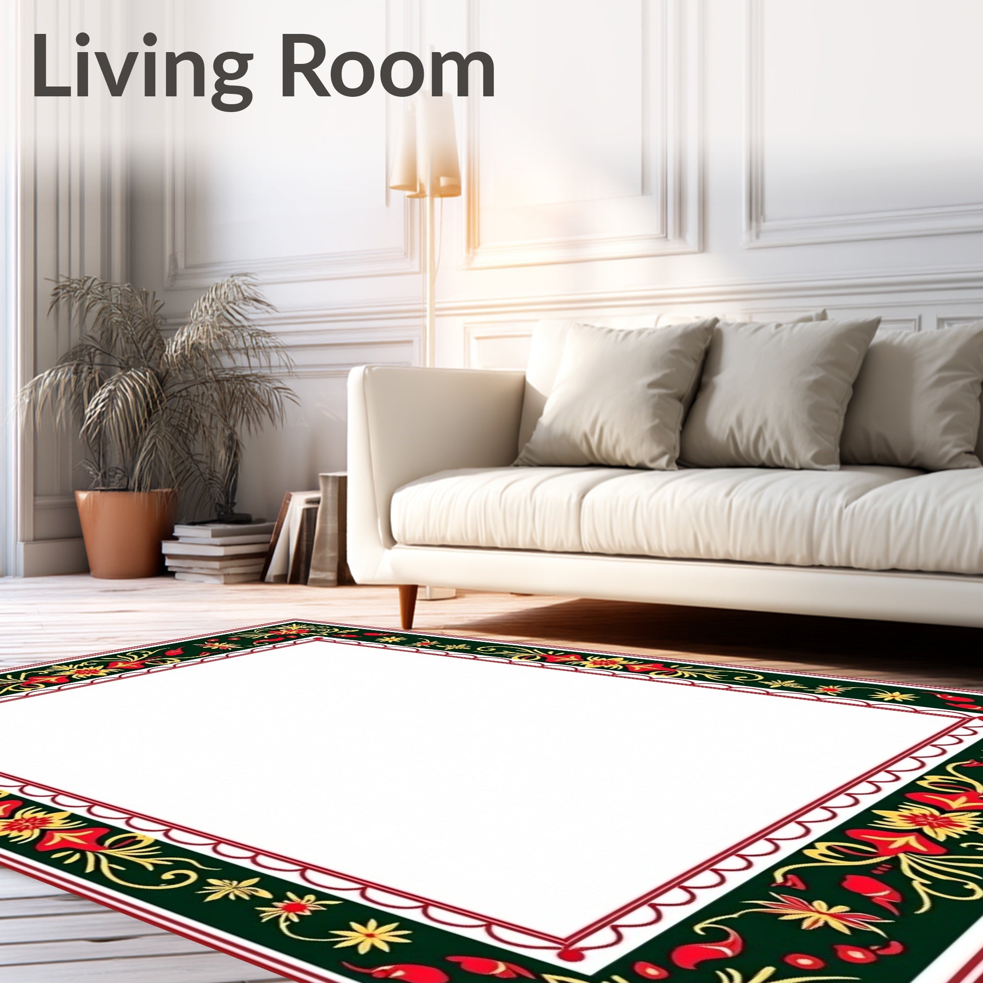 Dark Green Red Yellow Floral Border Rug