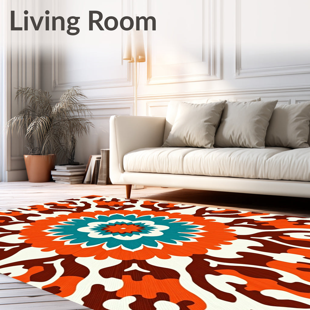 Orange Teal Blossom Mandala Art Rug