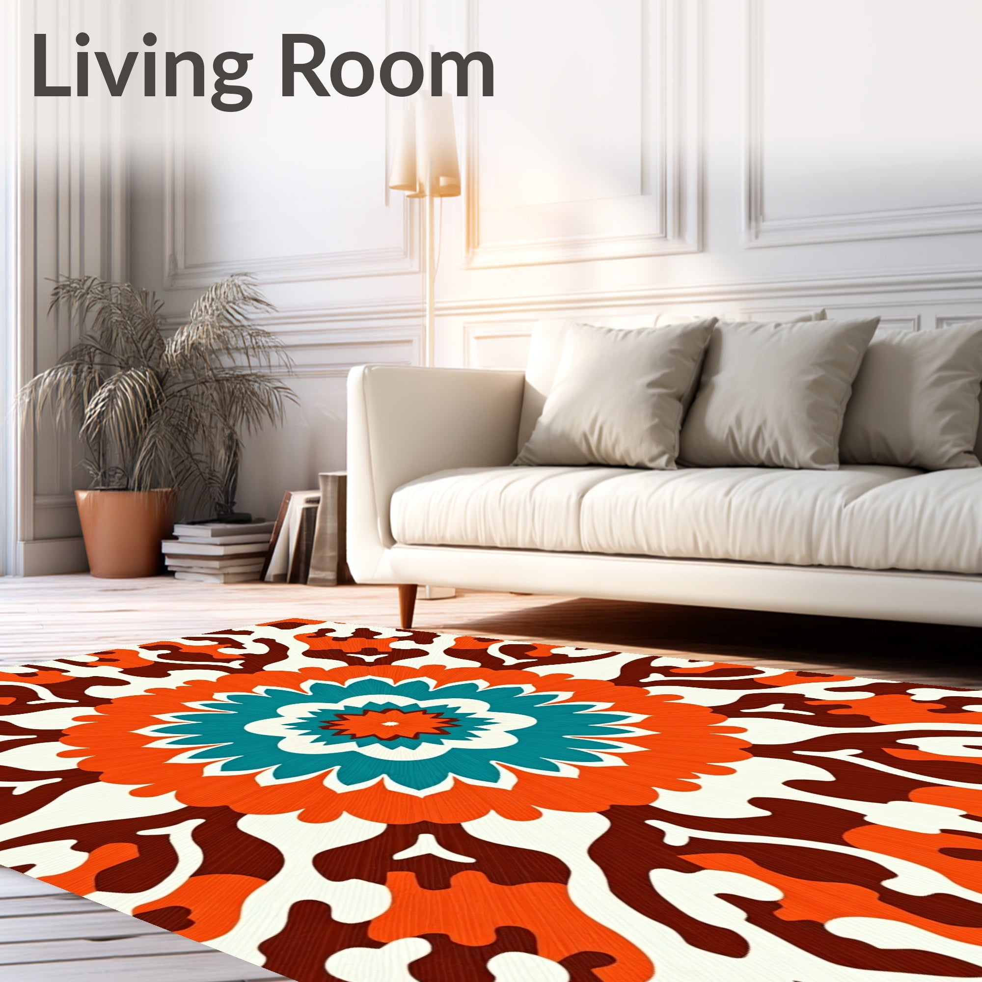 Orange Teal Blossom Mandala Art Rug