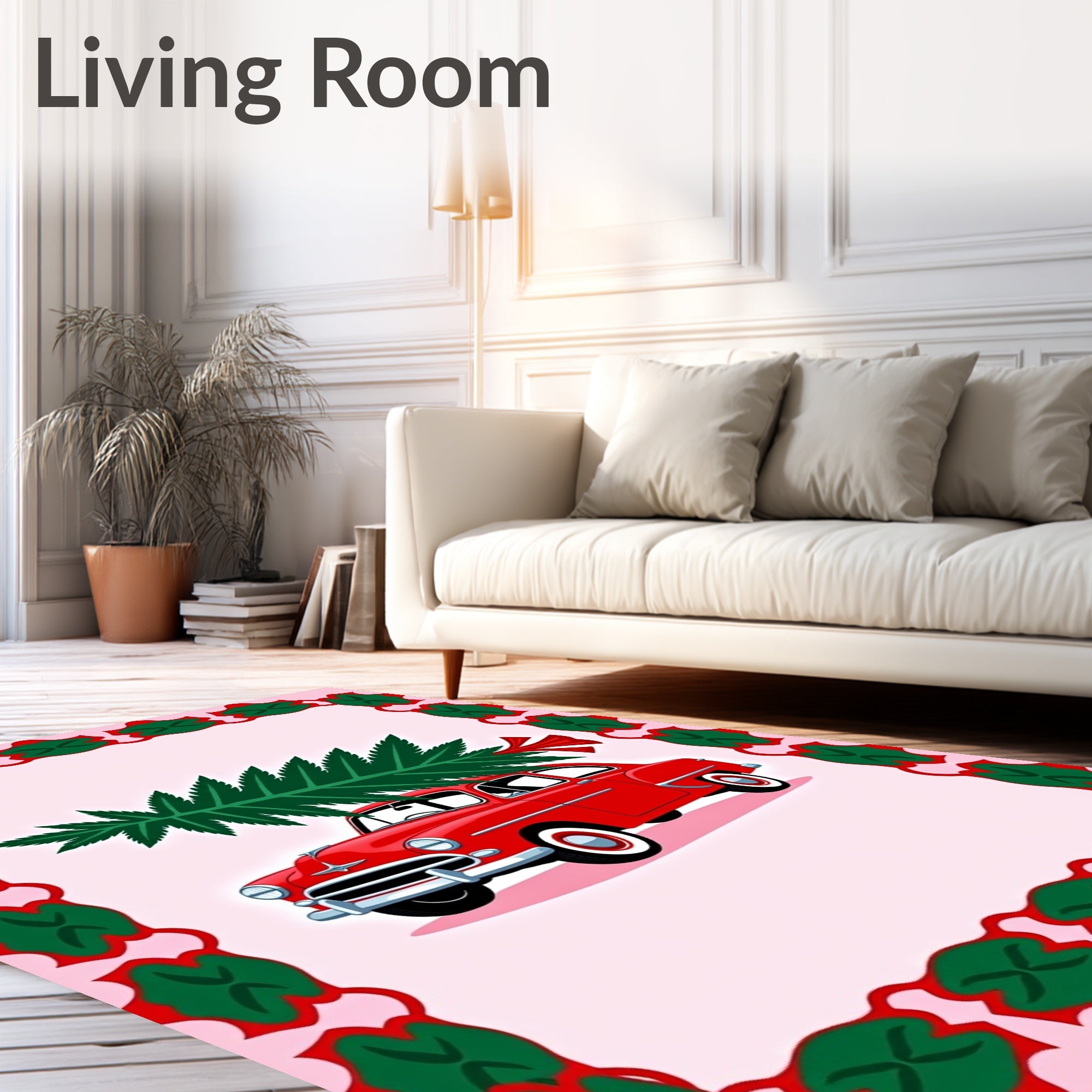 Classic Red Car Christmas Tree Border Rug