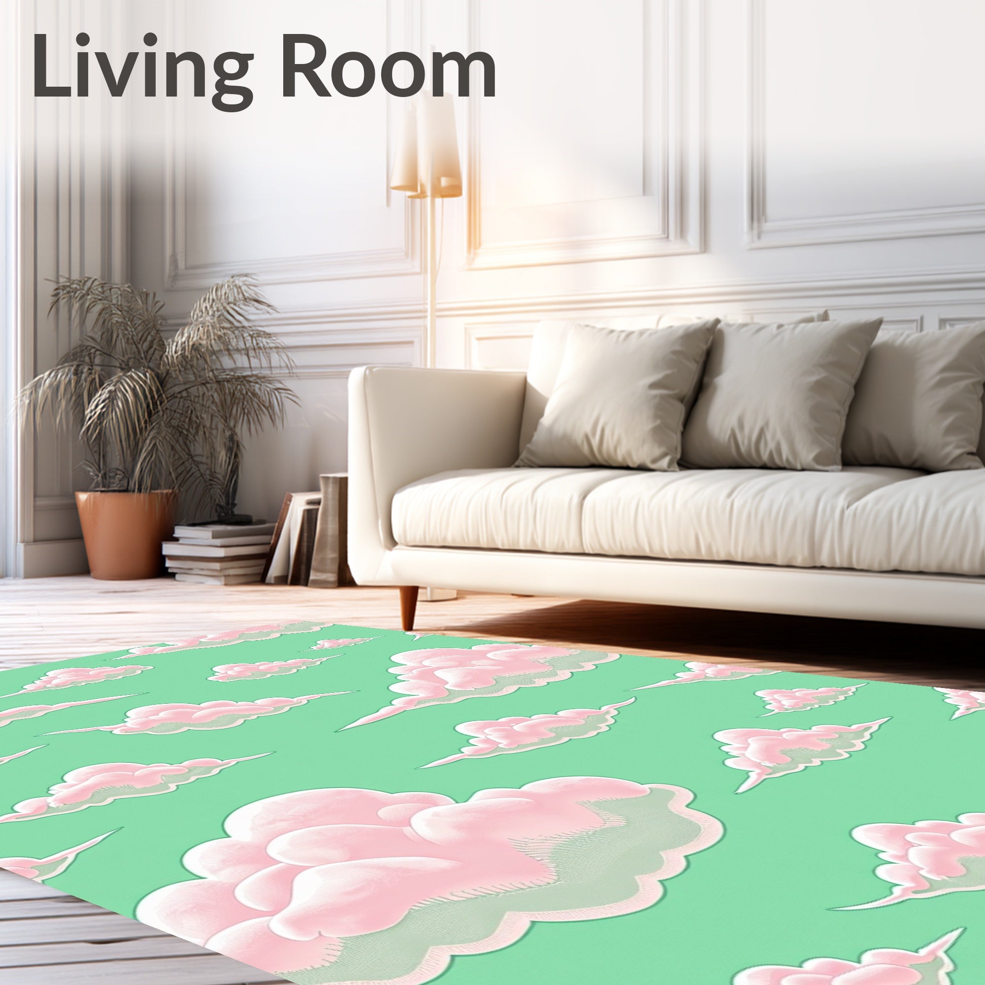 Dreamy Pink Clouds Green Sky Rug