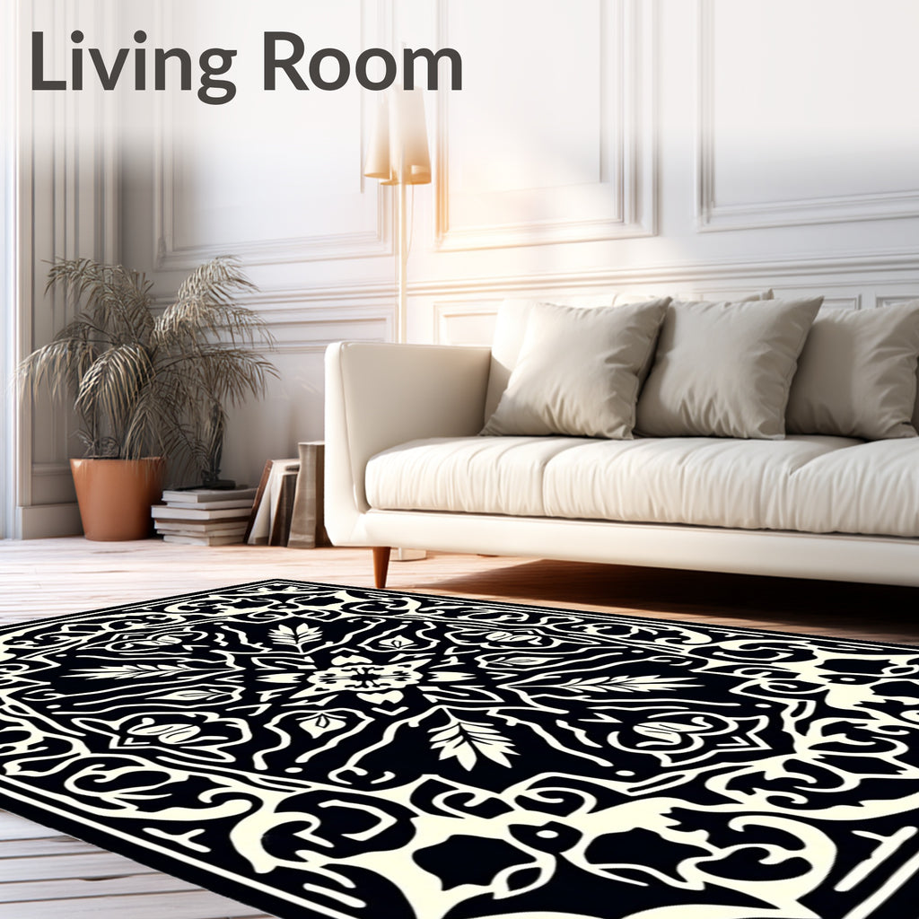 Black White ornate floral medallion Rug