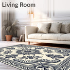 Classic Ivory Navy Floral Medallion Rug