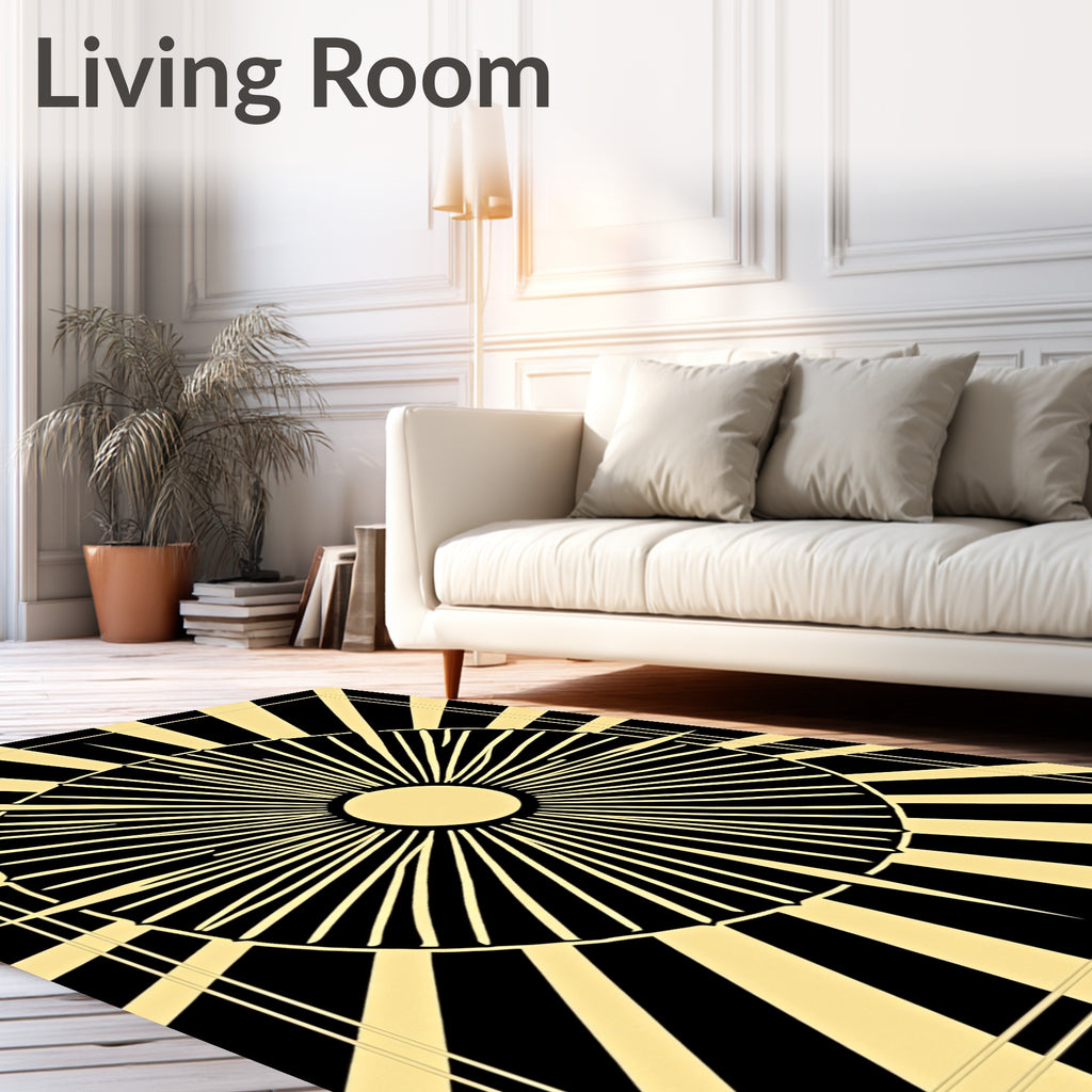 Golden Black Sunburst Rays Rug