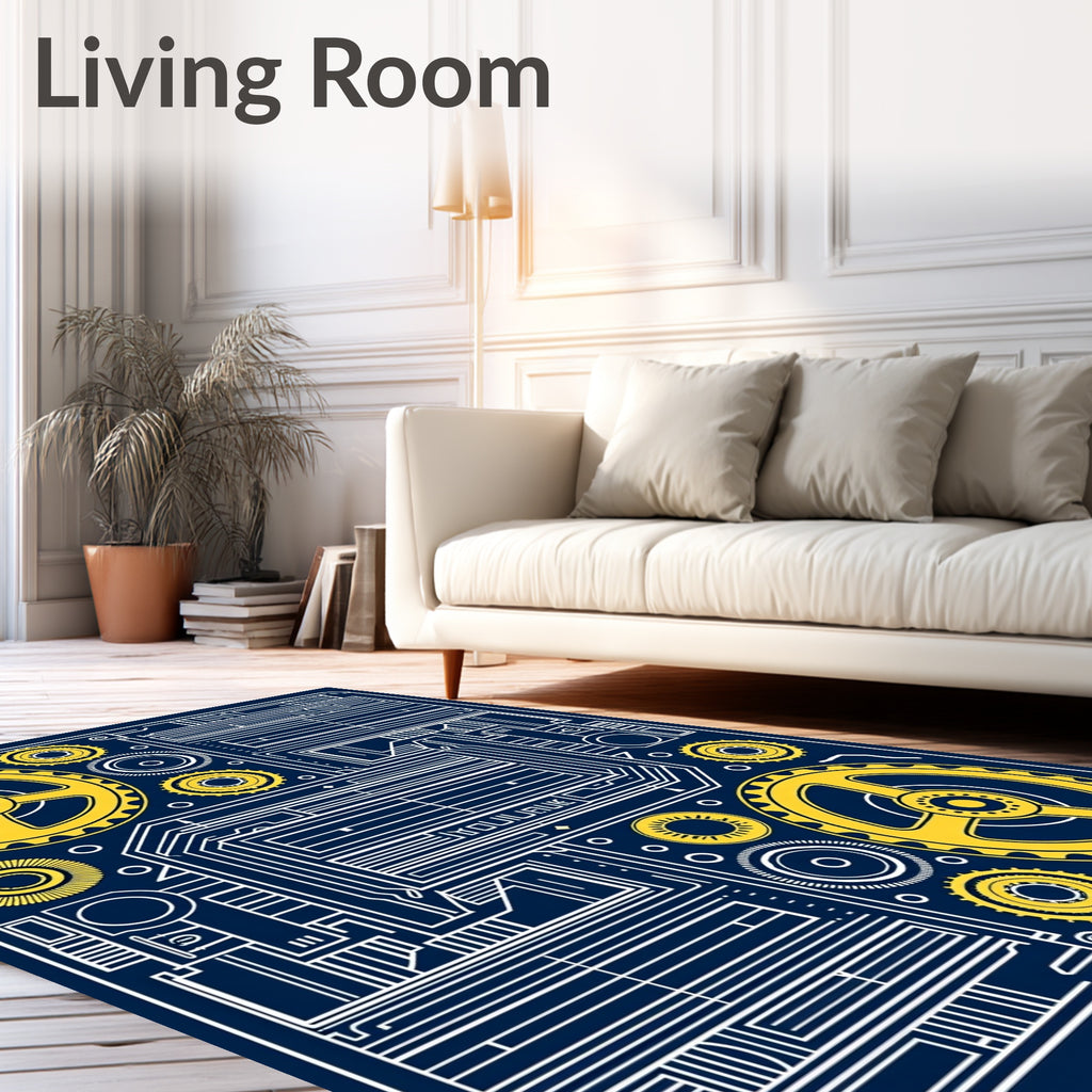 Dark Blue Yellow Industrial Gearwork Rug