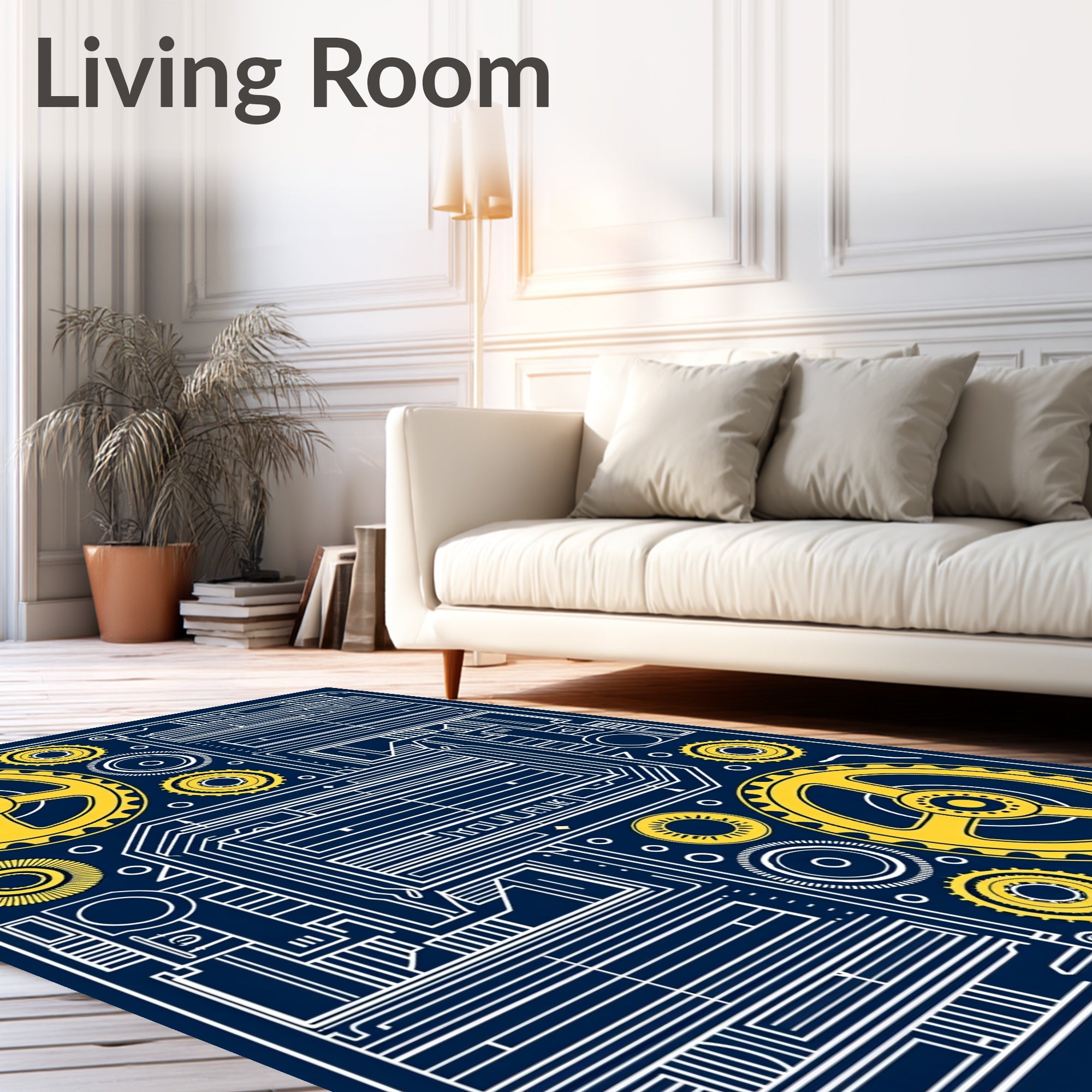 Dark Blue Yellow Industrial Gearwork Rug