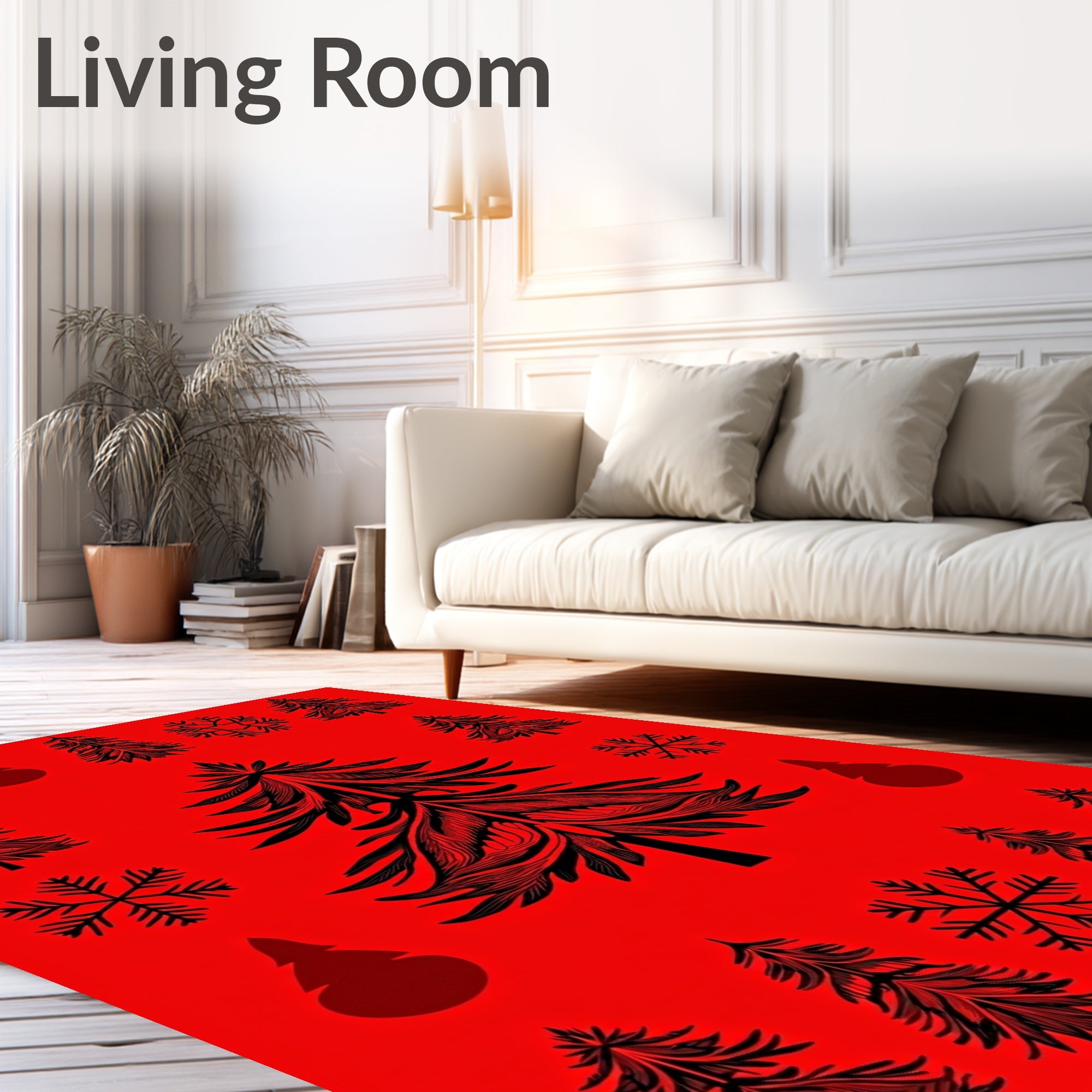 Festive Black Pine Tree Snowflakes Red Background Rug