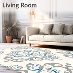 Cream gray blue ornate medallion Rug