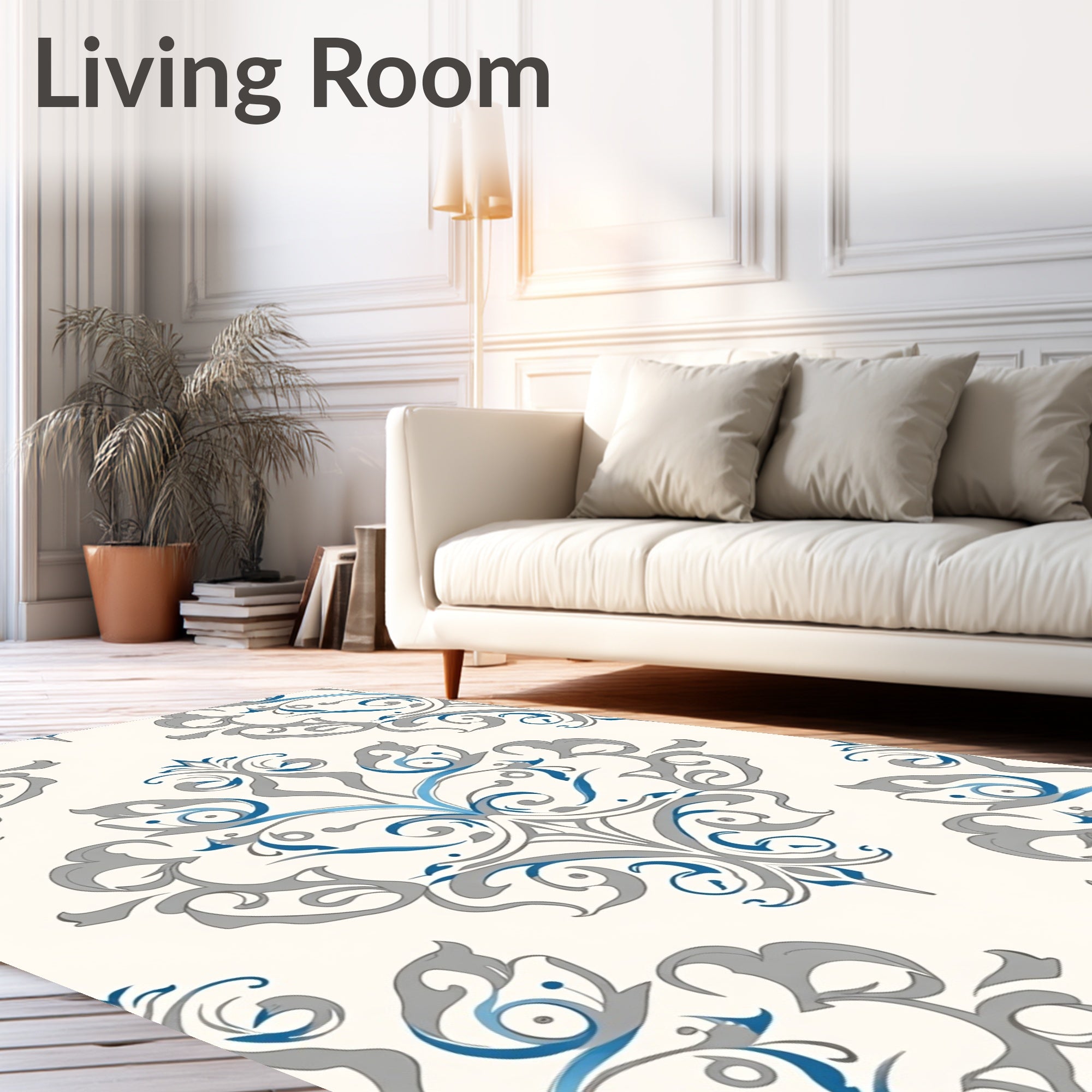 Cream gray blue ornate medallion Rug