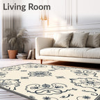 Cream And Navy Floral Medallion Arrangement Rug