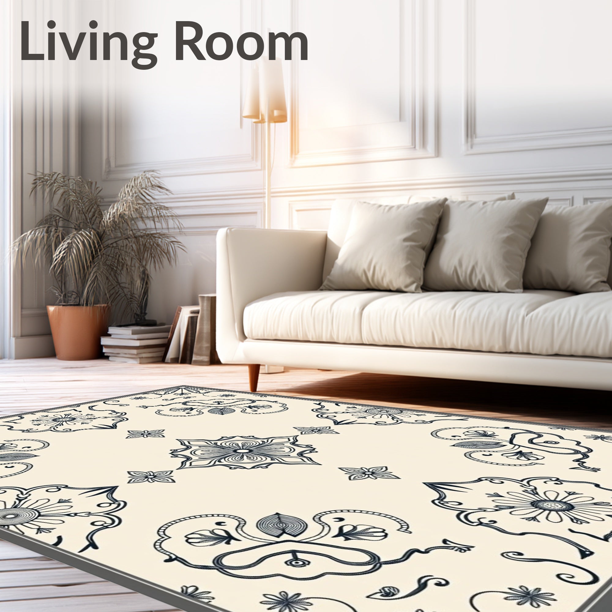 Cream And Navy Floral Medallion Arrangement Rug
