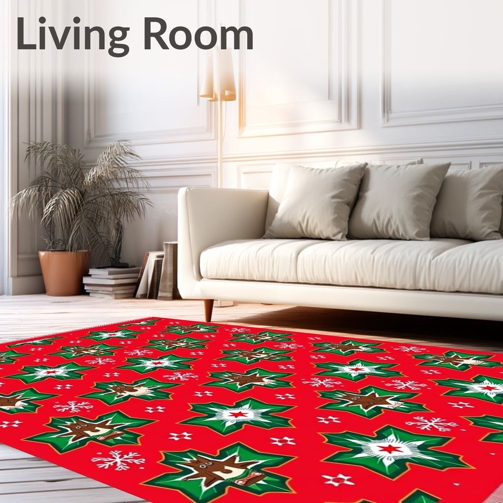 Festive Red Reindeer Holly Snowflakes Rug