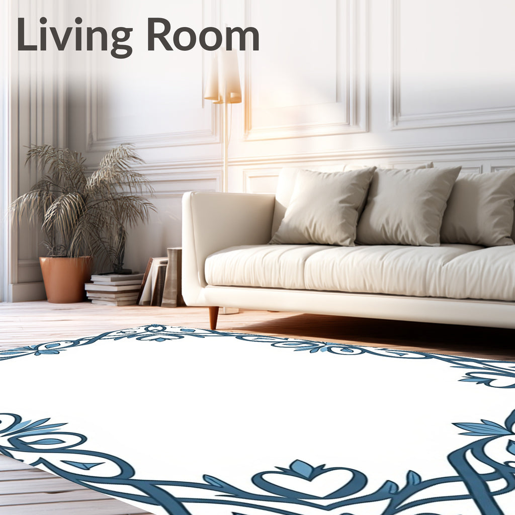Blue Vine Leaf Scrollwork Border Rug
