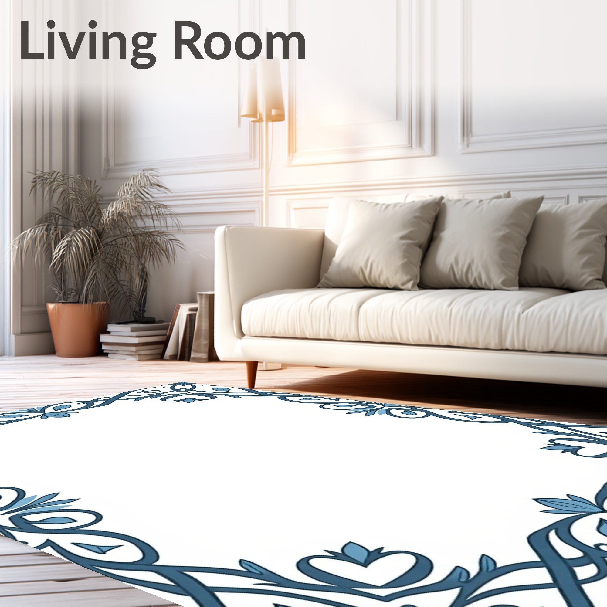 Blue Vine Leaf Scrollwork Border Rug