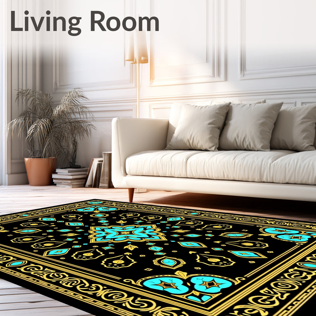 Black Turquoise Gold Floral Border Rug