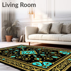 Black Turquoise Gold Floral Border Rug