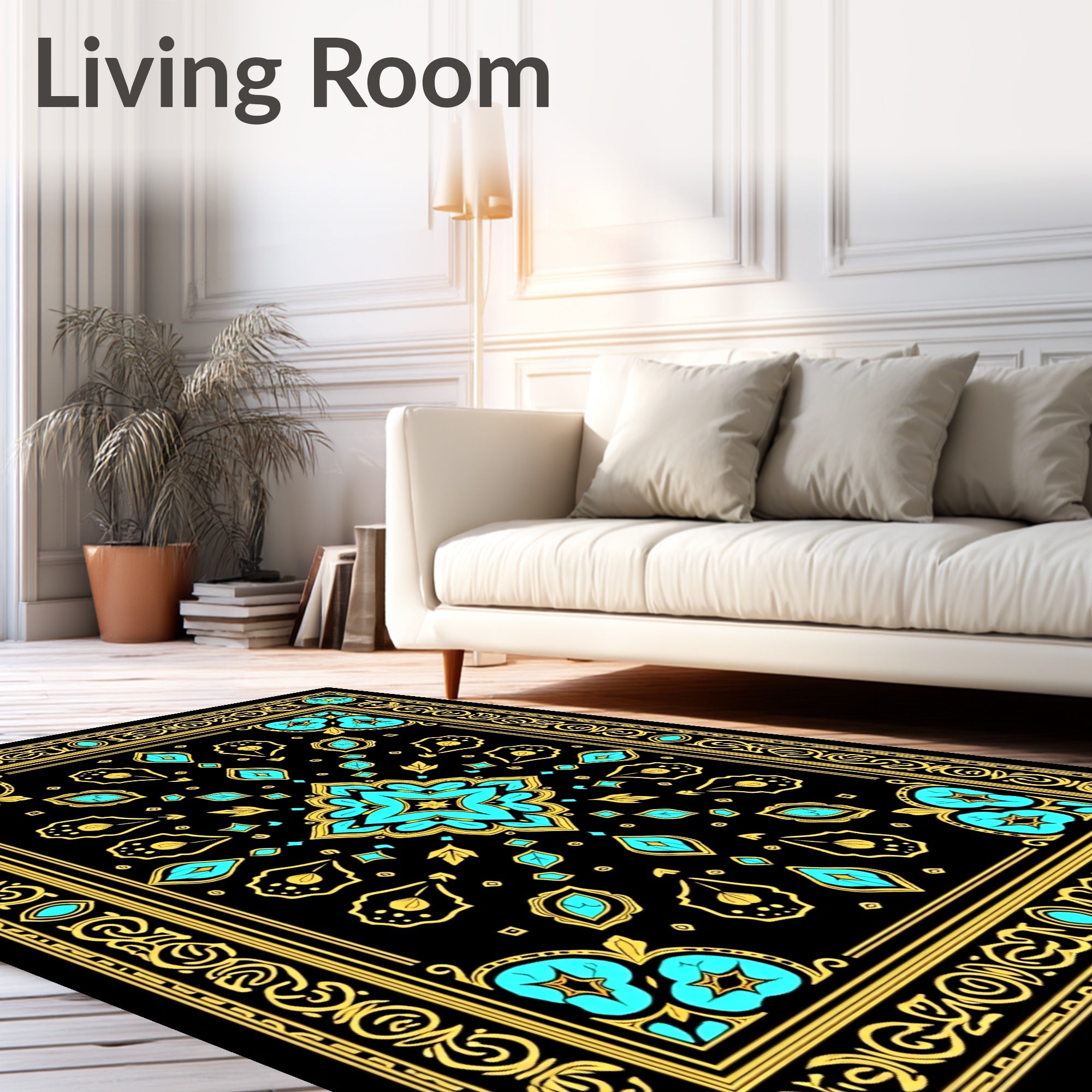 Black Turquoise Gold Floral Border Rug