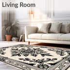 Ornate Black and Cream Floral Medallion Rug