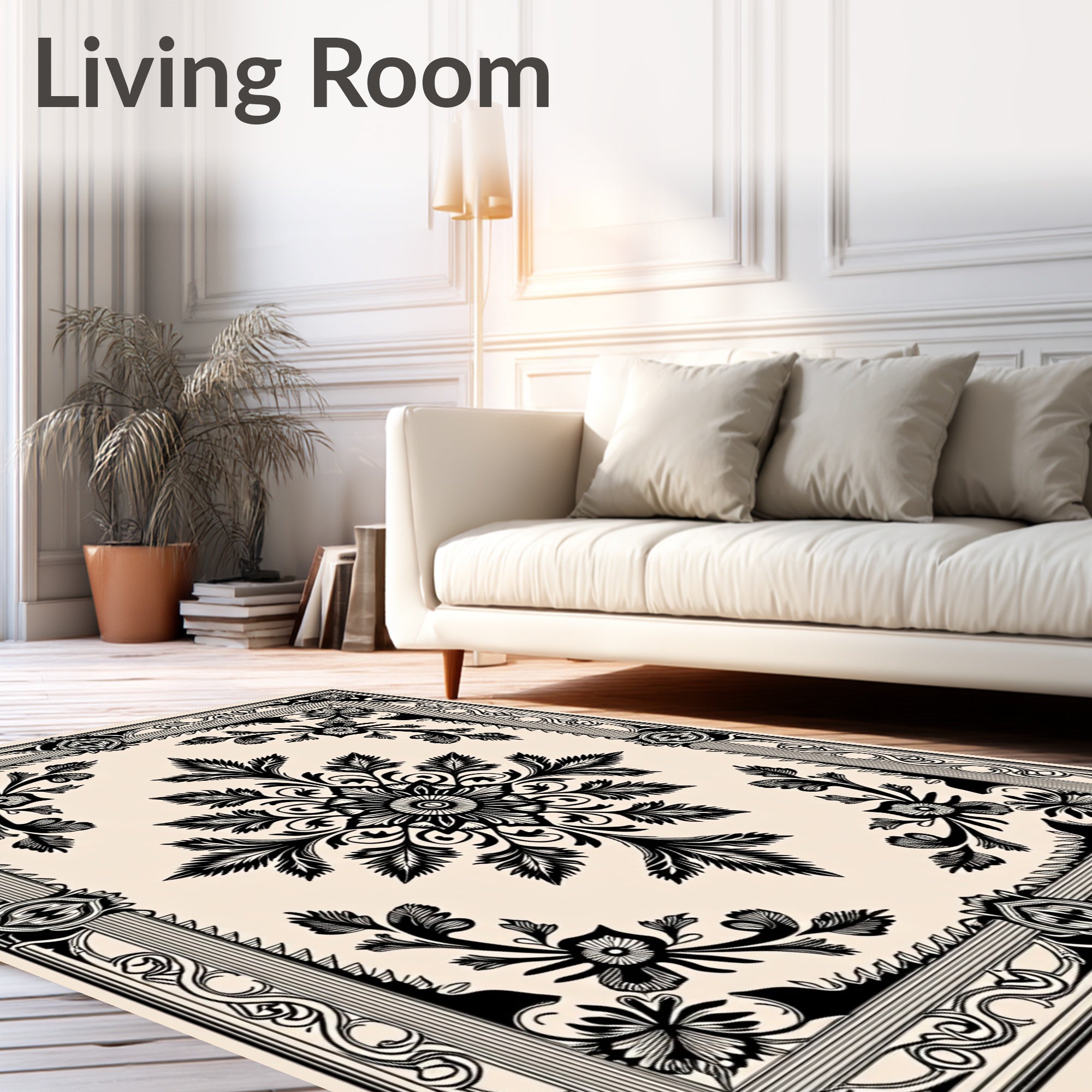 Ornate Black and Cream Floral Medallion Rug