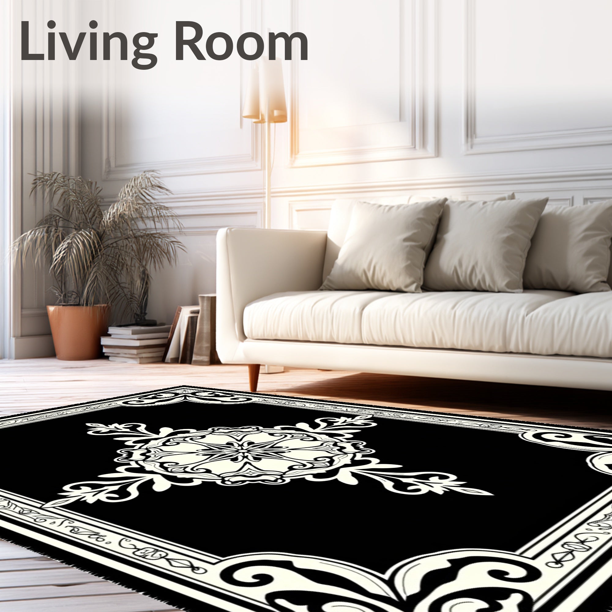Ornate Black and Cream Medallion Rug
