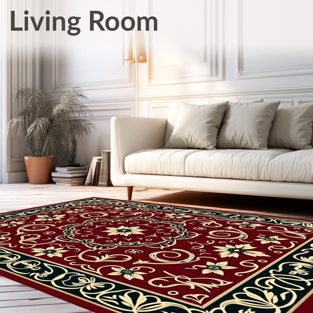 Crimson Cream Scrollwork Floral Medallion Rug