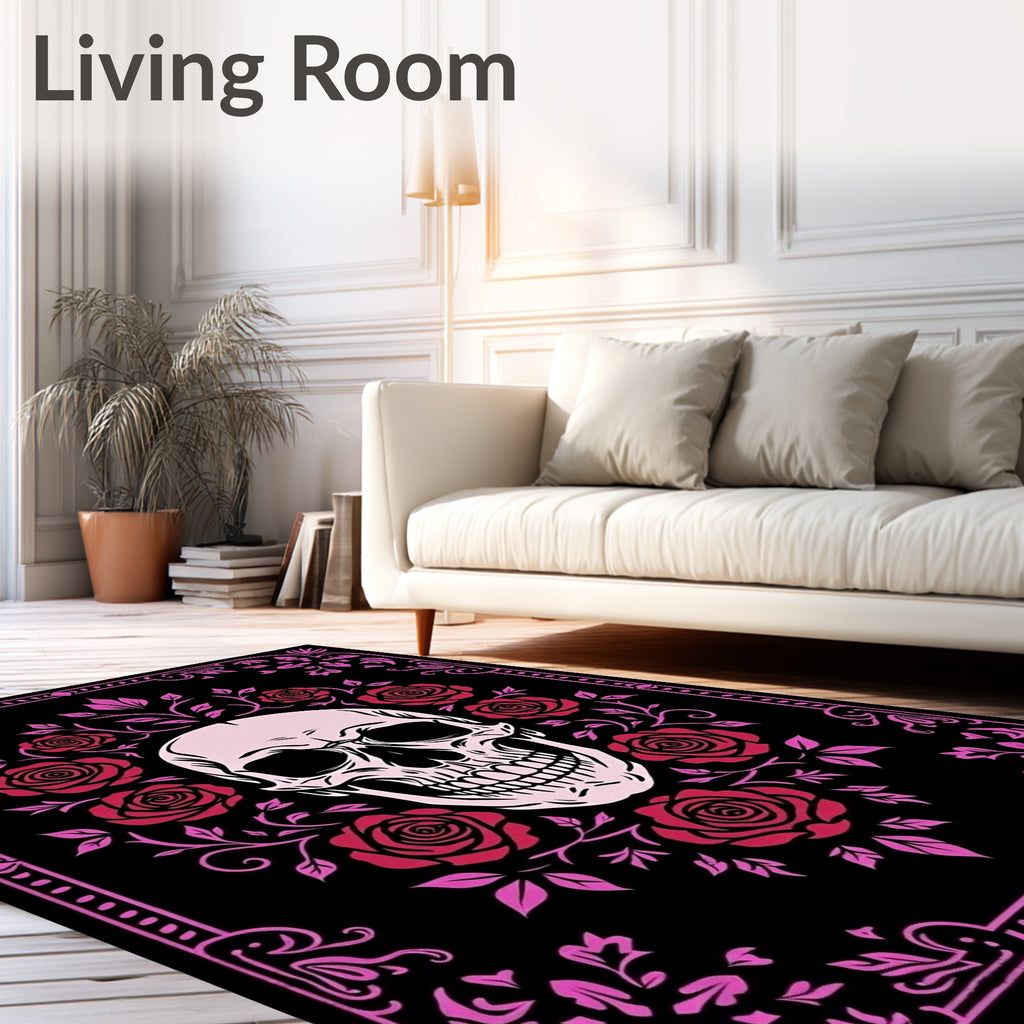 Pink Skull Red Roses Floral Border Rug