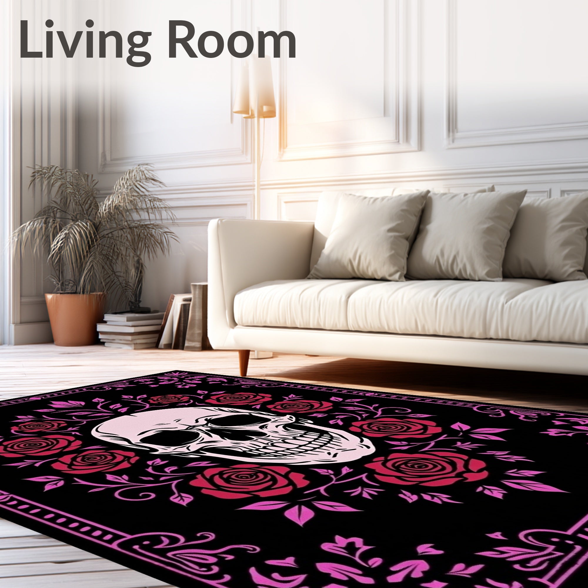 Pink Skull Red Roses Floral Border Rug